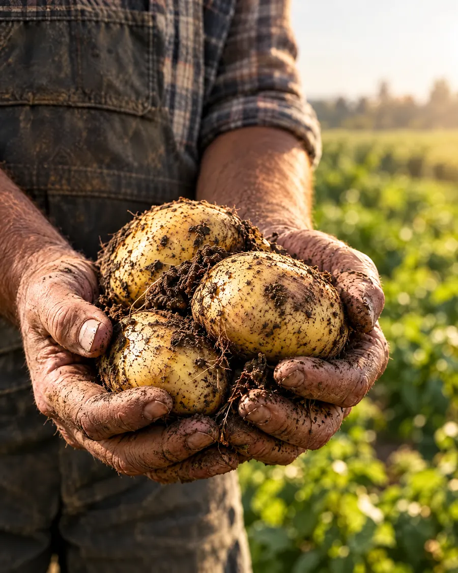 Hands holding Agria potatoes freshly dug from the soil