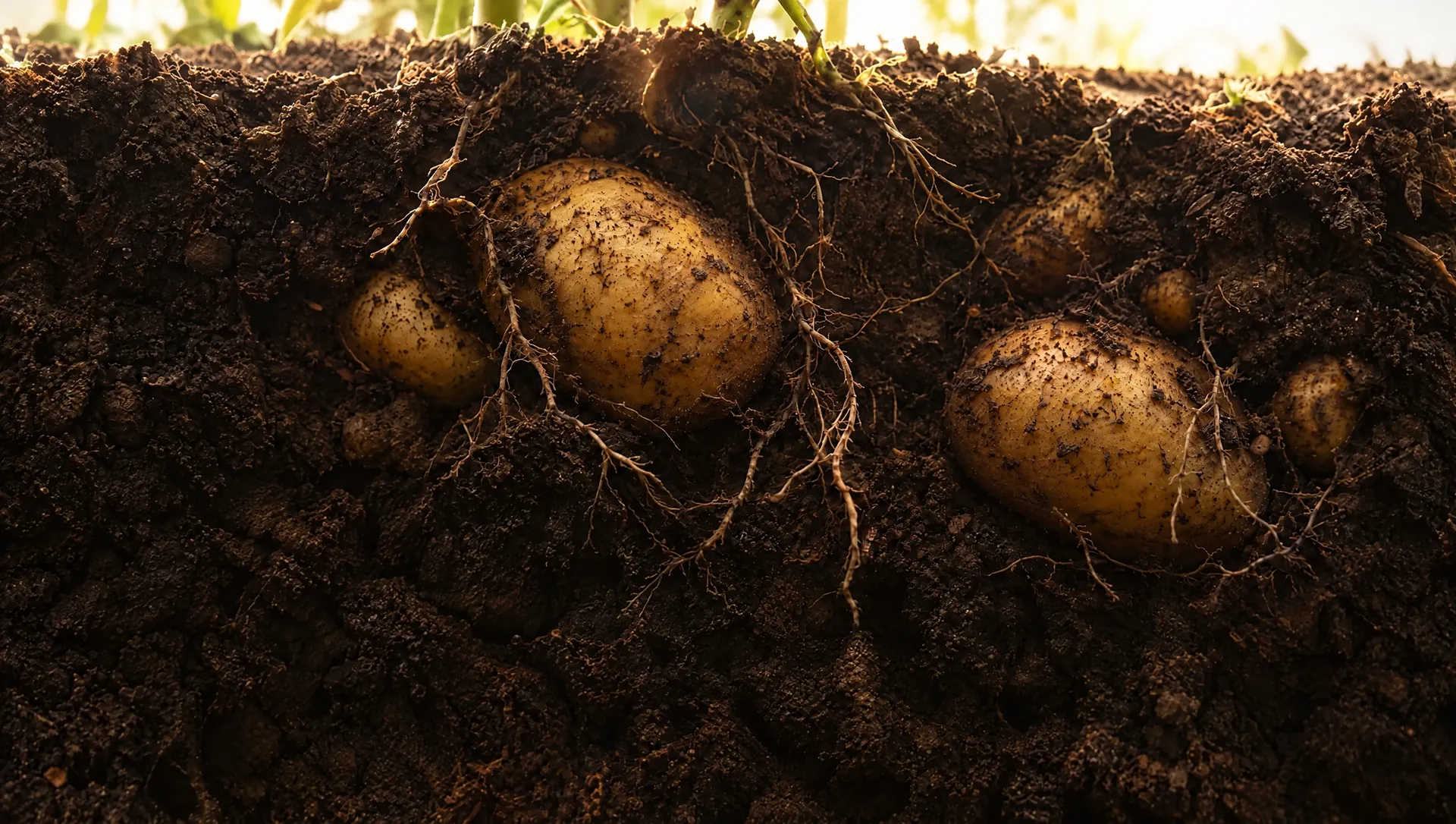 Cross-section of the soil with Agria potatoes and their roots under the furrow